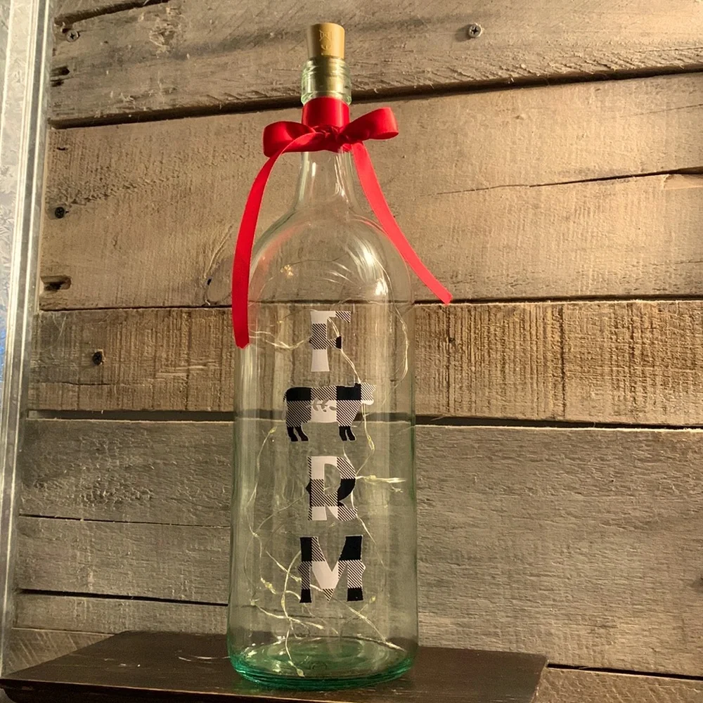 Hand Crafted-buffalo check “farm” large, clear, wine bottle lantern